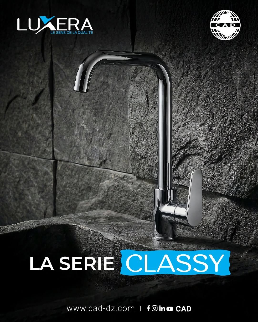 Luxera kitchen tap from the Classy series on dark stone, for CAD