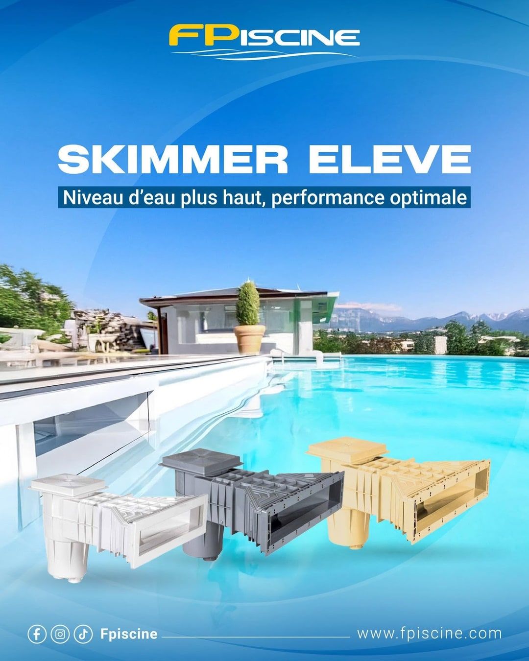 FPISCINE product post for a raised-level pool skimmer