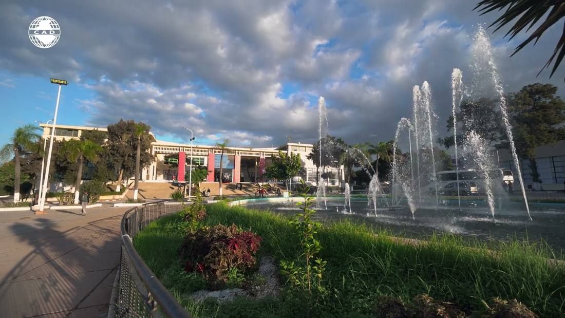 Fountains in front of an exhibition venue